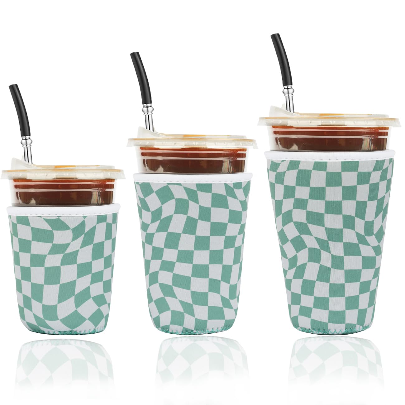 Reusable Insulated Neoprene Iced Coffee Cup Sleeve, Durable Drink Sleeve for Cold Beverages, Beverage Holder for Iced Coffee (Wavy Grid)