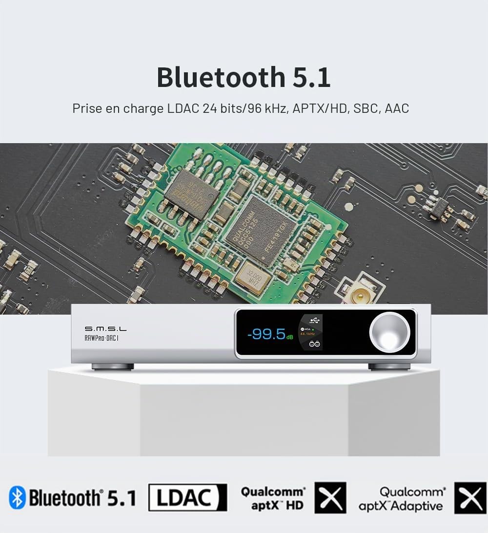 S.M.S.L RAW PRO-DAC1 DAC Convertisseur Numérique Analogique ES9039MSPRO XU316 MQA-CD PCM 32bit 768kHz DSD512 LDAC avec télécommande