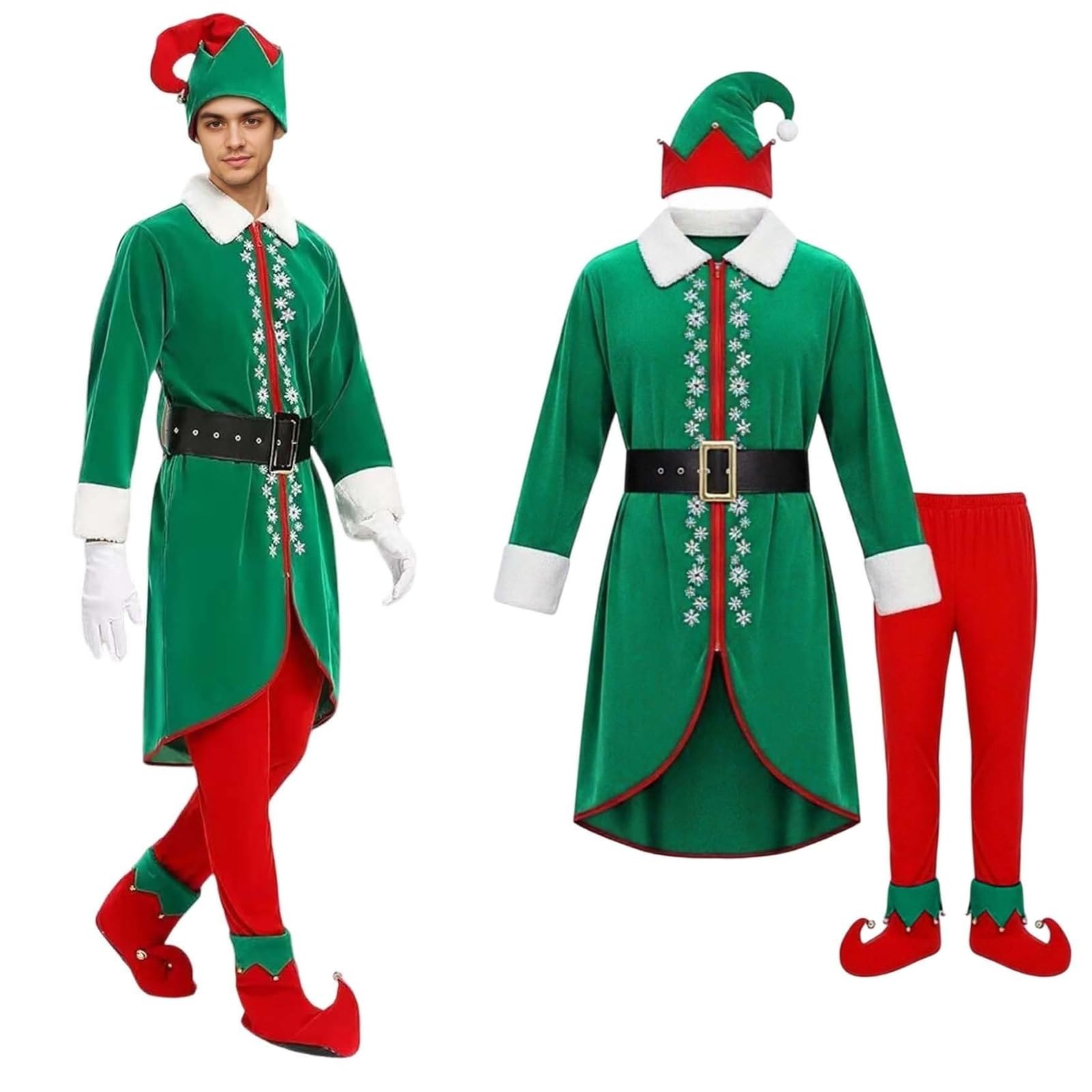 Elf Costumes Buddy The Elf Costume Men Green Yellow Christmas Elfs Costumes Mens Cosplay Outfits Adult Santa Suit Outfit for Holiday Xmas Party Dress Up