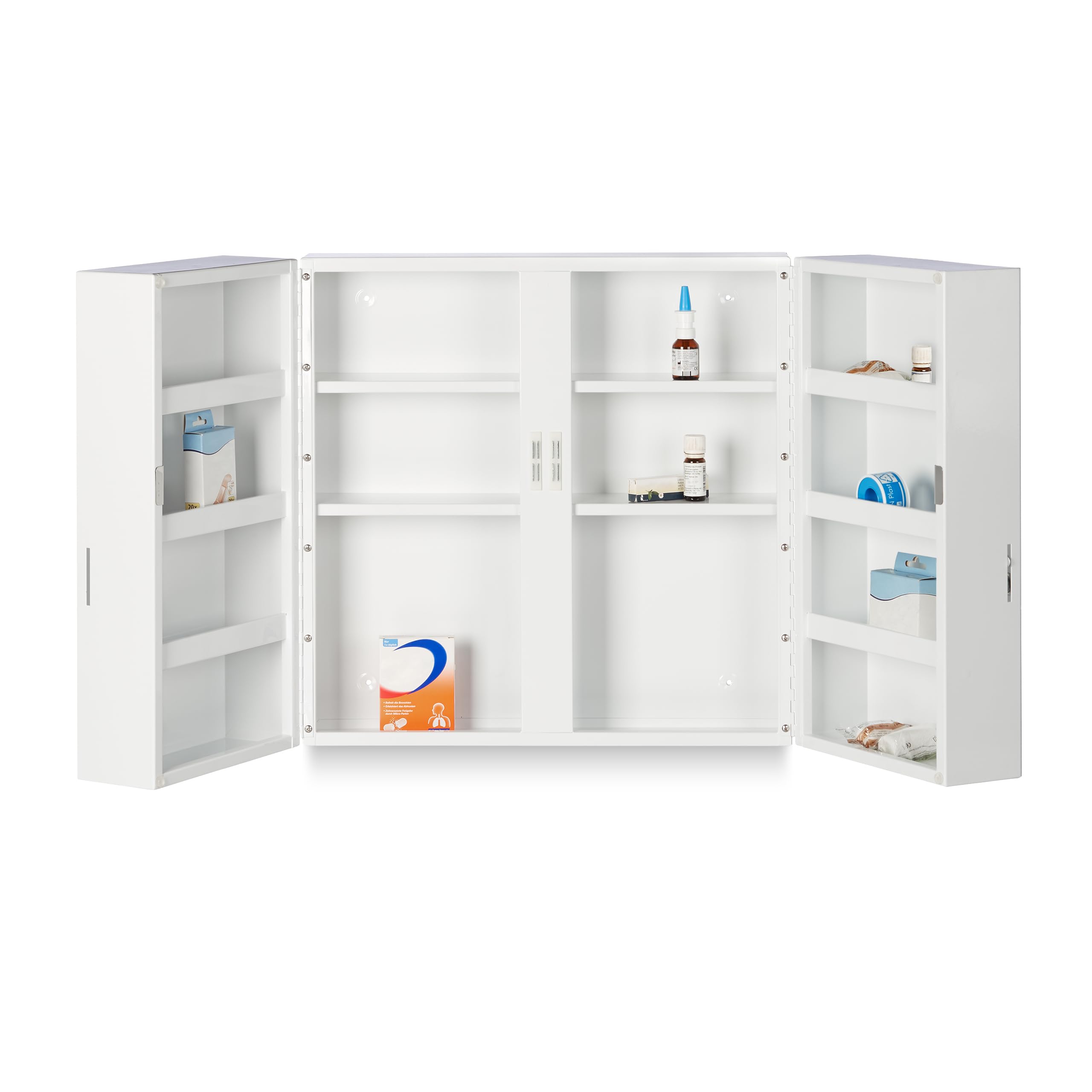 Relaxdays Armario Botiquín 11 Compartimentos, Cerradura, Acero, 53 x 53 x 21,5 cm, 2 Puertas, Primeros Auxilios, Blanco