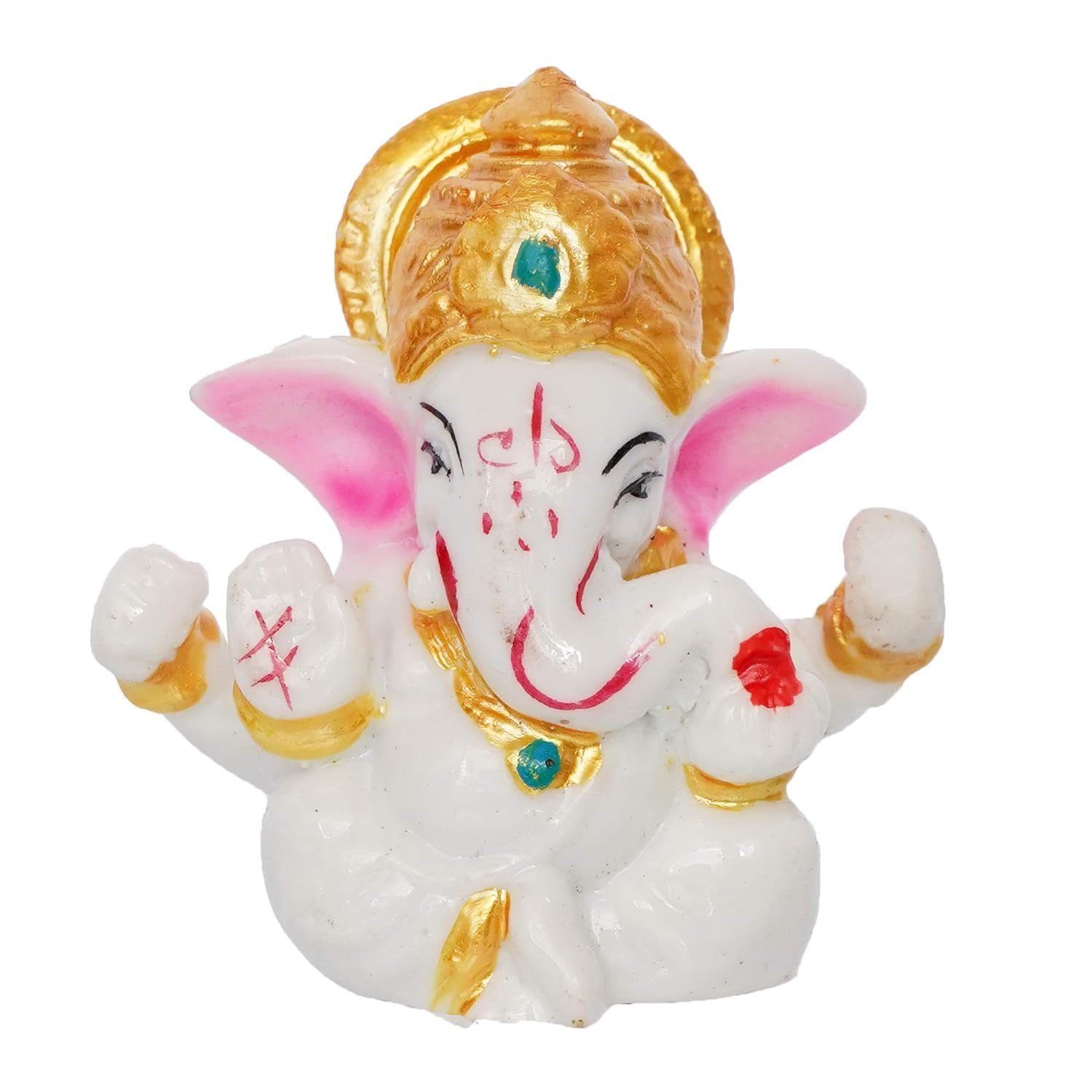 HYCOT+ White Polyresin Lord Ganesha Idol with Golden Mukut Decorative Religious Showpiece for Home Decor, Ganesh Statue Sculpture for Car Dashboard, Home, Temple Décor | Indian God