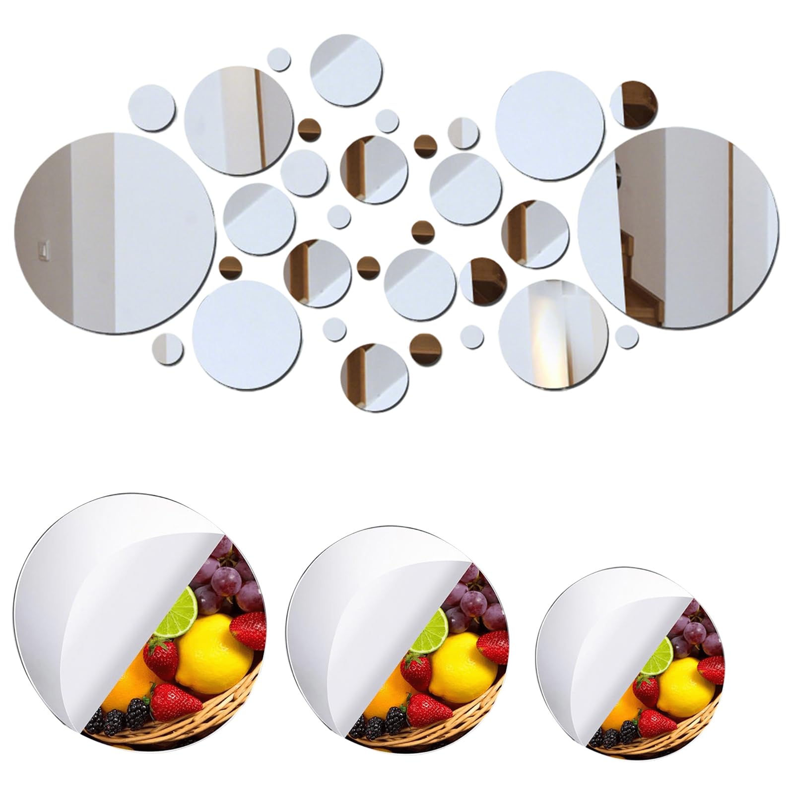 Yongyann 35Pcs Wall Round Mirror, Self Adhesive Mirror Tiles Shatterproof Acrylic Mirrors Stick on Mirrors for Walls for Bathroom Bedroom Living Room Home Decor No Drill