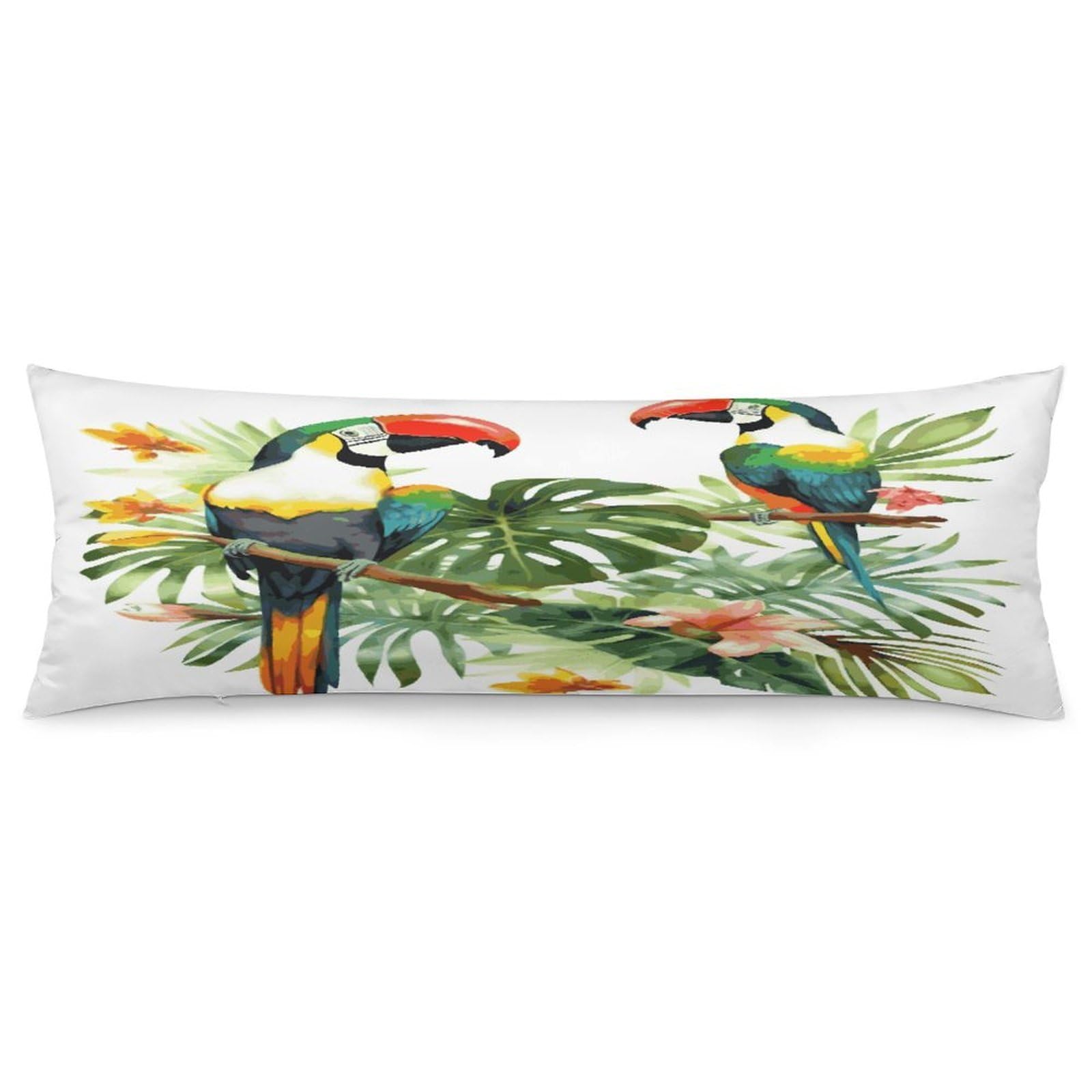Toucans Parrot Palm Tree Leaves Pillowcase Basics Body Pillow Pillowcase with Zipper Retro Pillows Protector Long Pillow Case Cover for Hot Sleepers and Night Sweats