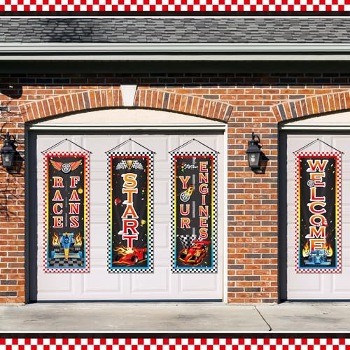 Image of Panelee 4 Pcs Race Car Party Banners Racing Car Birthday Decorations Checkered Racing Flag Porch Sign Hanging Door Banner for Indoor Outdoor Race Party Decoration Backdrop Supplies (Race)