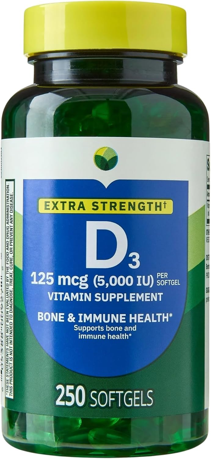 Spring Valley Extra Strength Vitamin D3 Softgels, 125 mcg (5000 IU), Supplement for Bone and Immune Health, 250 Count 250 Count (Pack of 1)