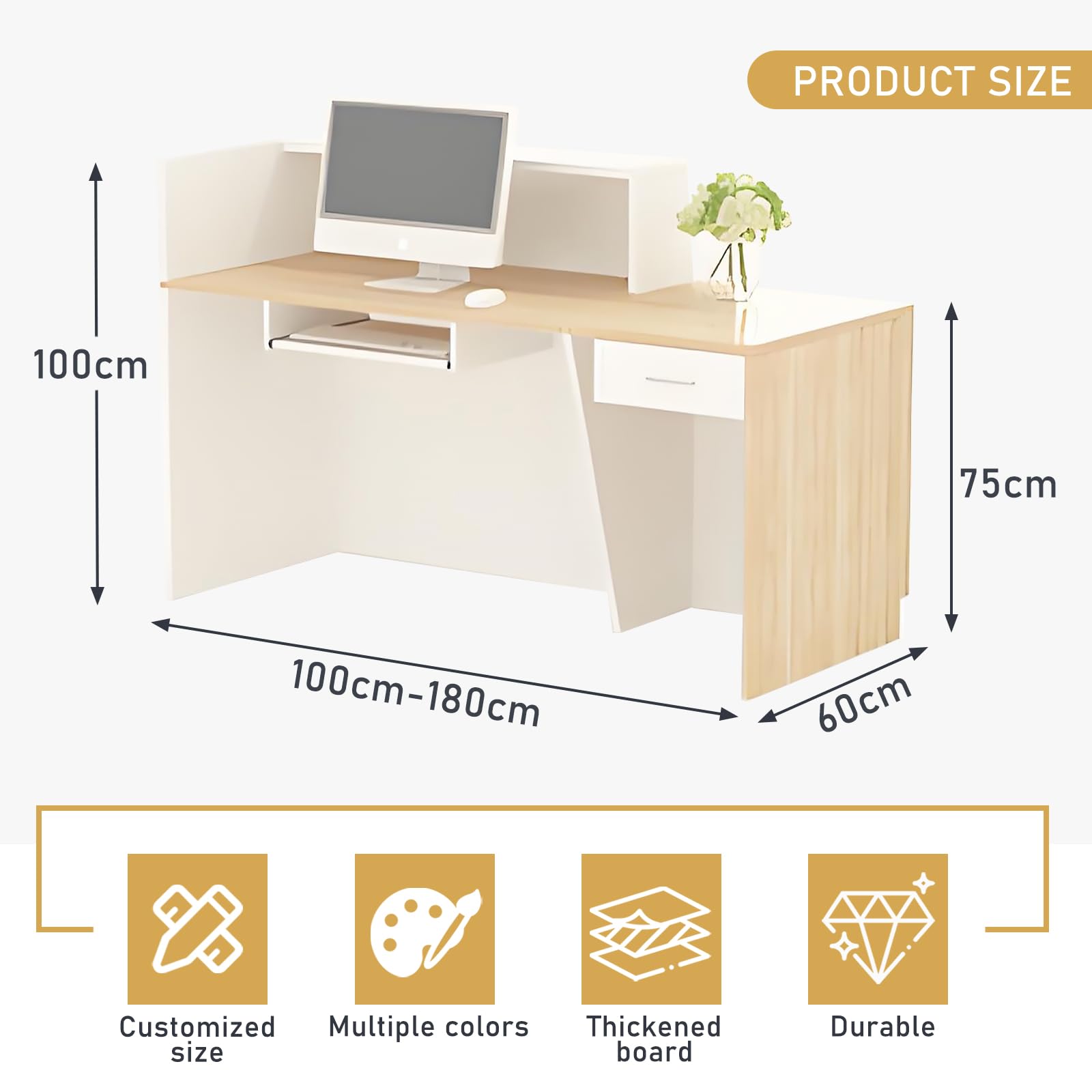 Scrivania moderna per reception con cassetti e ripiani aperti, tavolo anteriore regolabile per ufficio, salone, atrio, negozio, casa, spazio di lavoro, bianco e grigio, 110 x 100 x 60 cm