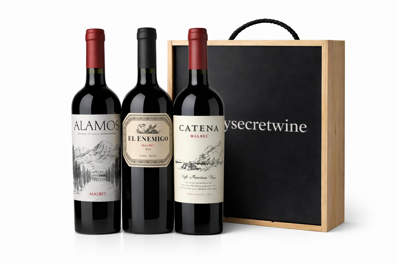 MYSECRETWINE Pack Vinos Argentinos Premium Malbec – Catena, El Enemigo y Alamos | Estuche de Madera Regalo | Vino Tinto de Mendoza | 3 Botellas 750ml