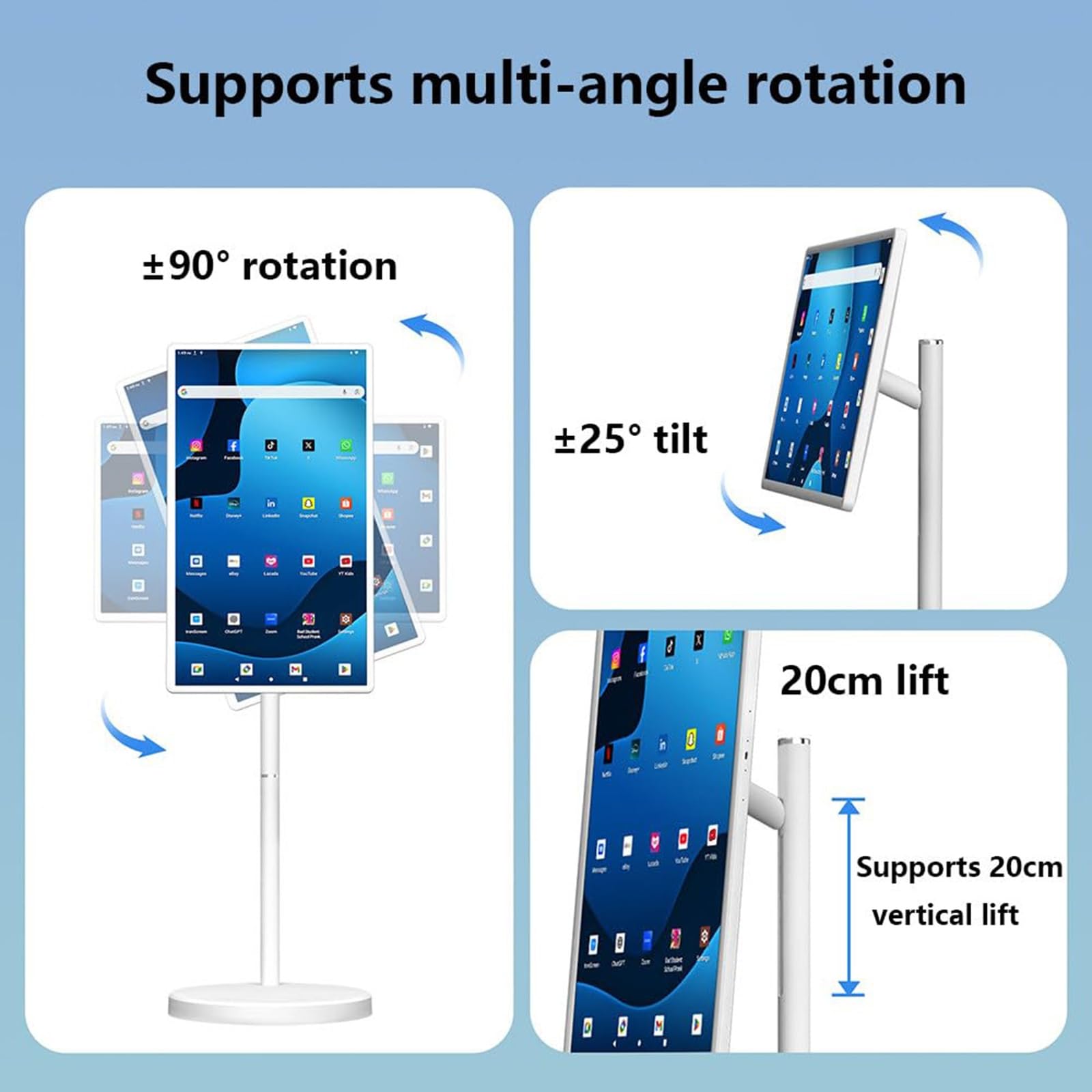 Schermo Smart TV Portatile Da 32'' (6+128 GB) Con Telecomando, Supporto TV Mobile Android 15.0, TV Mobile Wireless Su Ruote, Batteria Integrata, Rotazione Completa