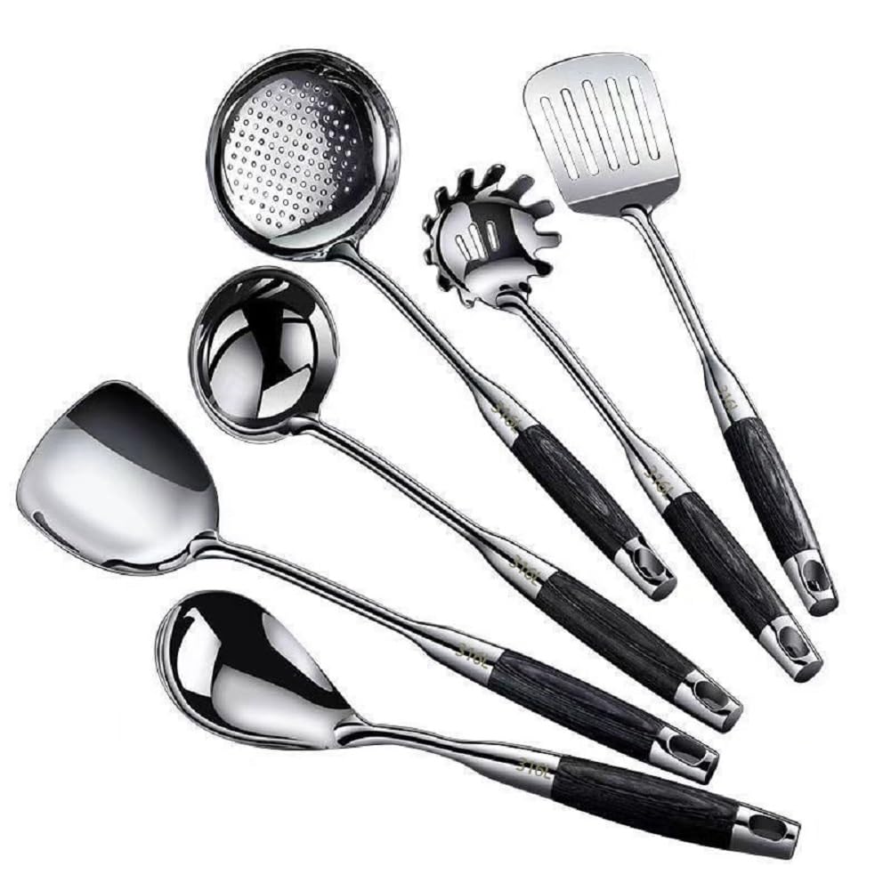 Juego de utensilios de cocina de acero inoxidable, 6 herramientas de cocina, incluyendo espátula, cuchara de sopa, volteador, servidor de pasta y pala con fugas para cocinar y servir
