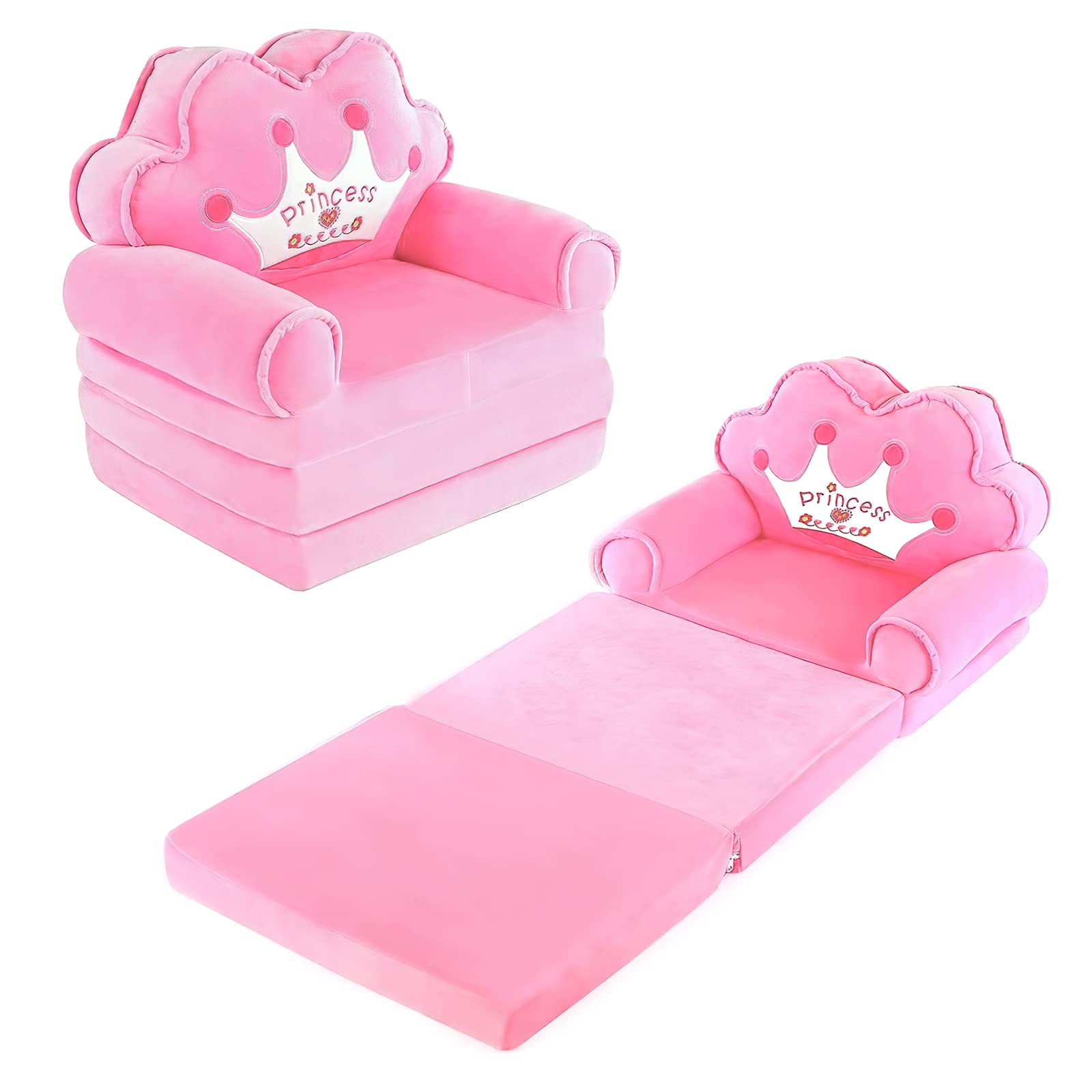 Kids Couch Fold Out, Foldable Princess Chair for Toddlers 1-3, Sofa Bed for Kids Folding Toddler Bed