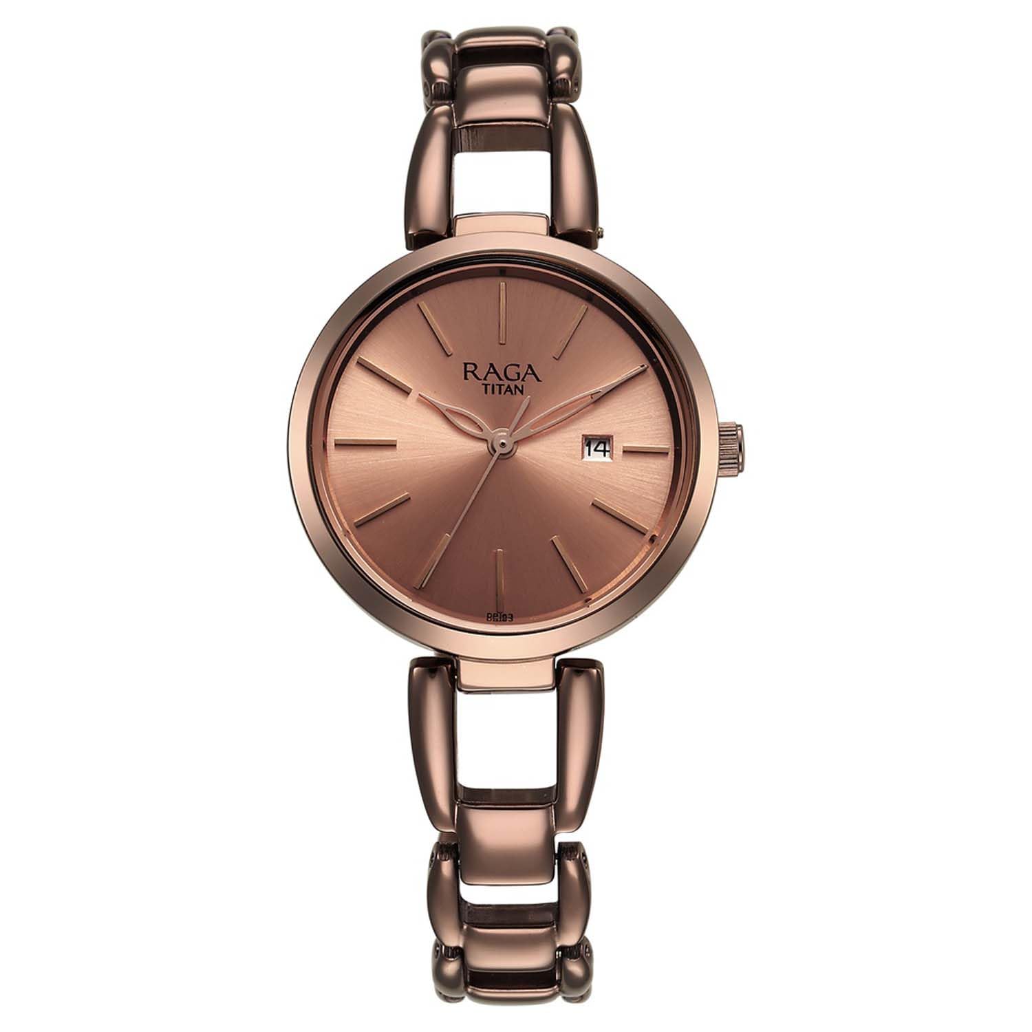 TitanTitan Raga Viva Quartz Analog with Date Rose Gold Dial Brown Metal Strap Watch for Women - NT2642QM01