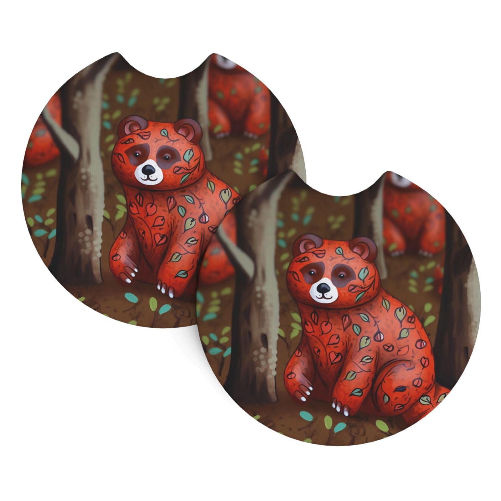 2 Pack Car Coaster for Cup Holders Forest Red Alkane Bear Car Cup Coaster 2.7" Neoprene Non-Slip Automotive Cup Mat Universal Auto Car Interior Accessories for Women Men Cup Pad