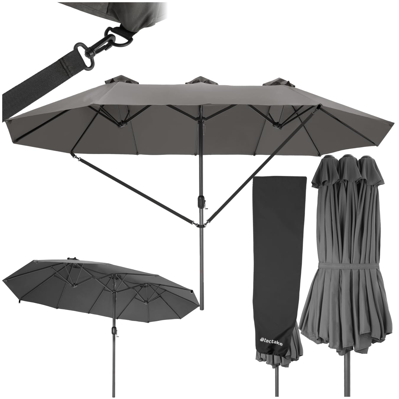Tectake Grey Tectake® Garden Parasol Xl - 450 Cm, Uv Protection, 3 Wind Vents, Crank Handle - Weather Resistant Canopy, Sun-Shade & Sun-Umbrella - Large Outdoor Furniture For Patio, Terrace & Pool