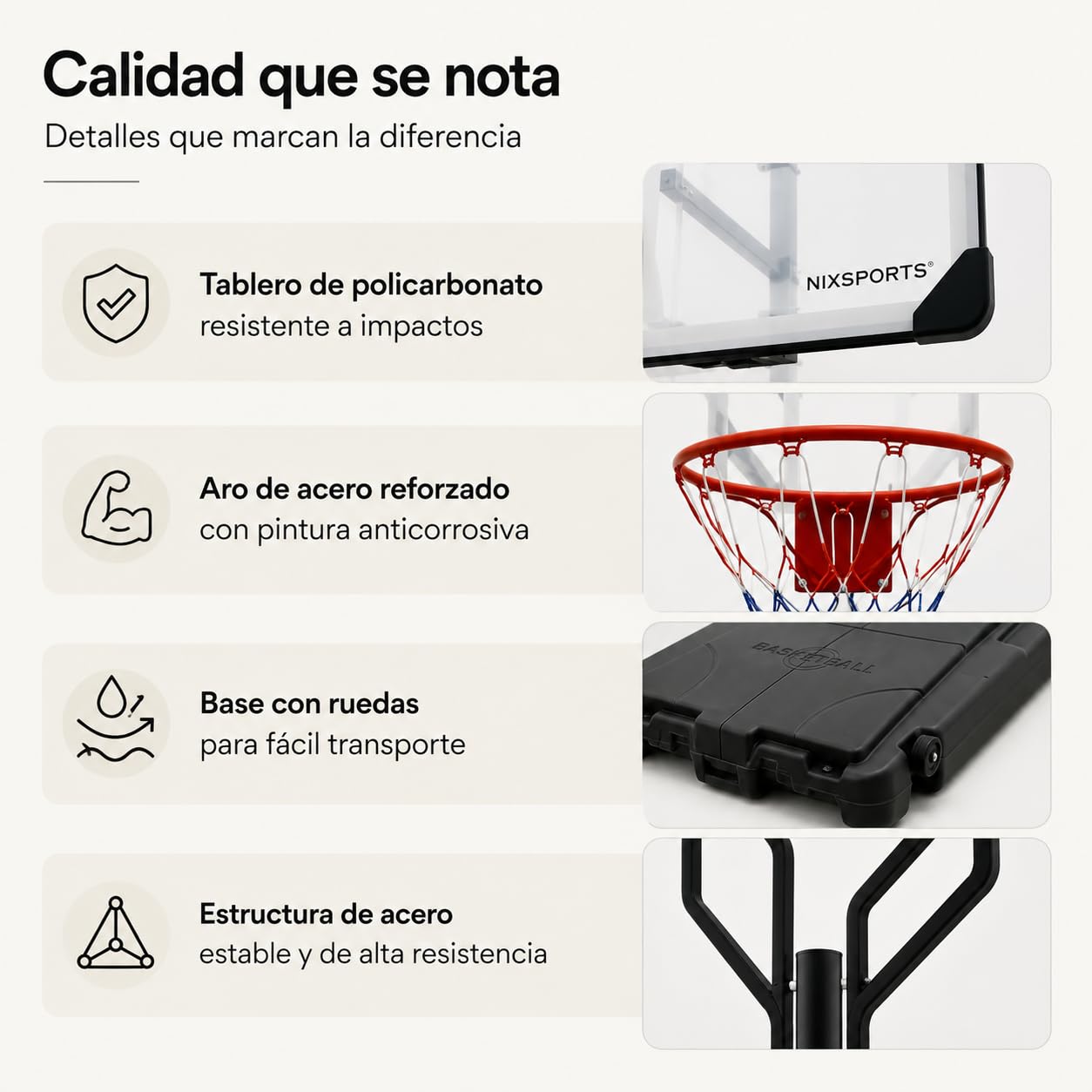 Canasta de Baloncesto portátil Regulable con Ruedas – Base rellenable, aro metálico con Red Tricolor – Uso jardín y Exterior