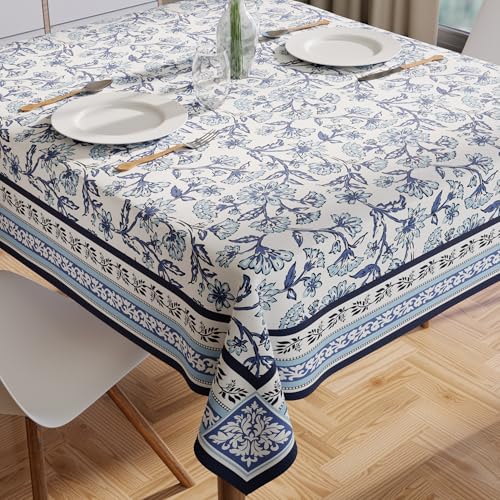 Image of Encasa XO Dining Table Cover Cloth for 4 Seater | 140x140 cm Square Table Cloth | Water Repellent Polyester Tablecloth for Indoor & Outdoor Use - Indigo Digital Print