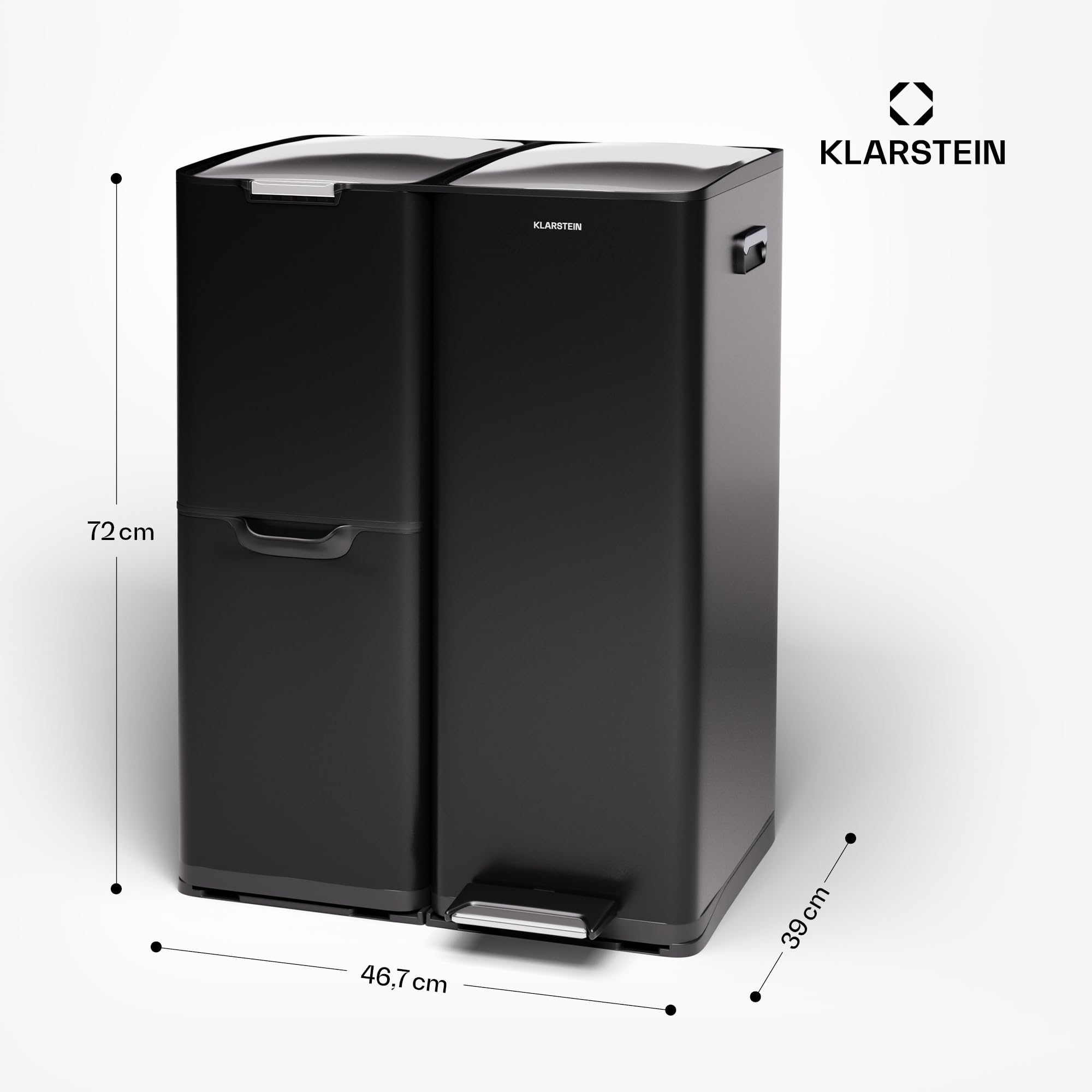 KLARSTEIN Tiyo 3 en 1 Cubo de Basura Cocina - 60L separación de residuos con Pedal y Tapa Soft-Close, Cuerpo de Acero Inoxidable, Cubos extraíbles, Pegatinas para Reciclaje