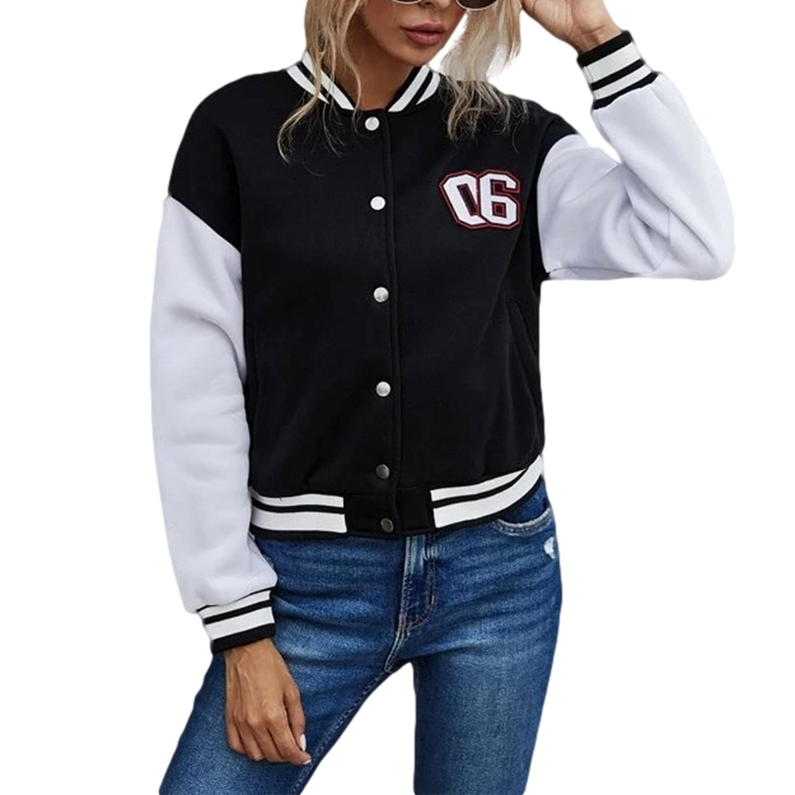 Womens Cropped Baseball Jacket Color Block Bomber Coat Button Up Varsity Jackets Lettler Embroidery Y2k Streetwear (Black, Medium)