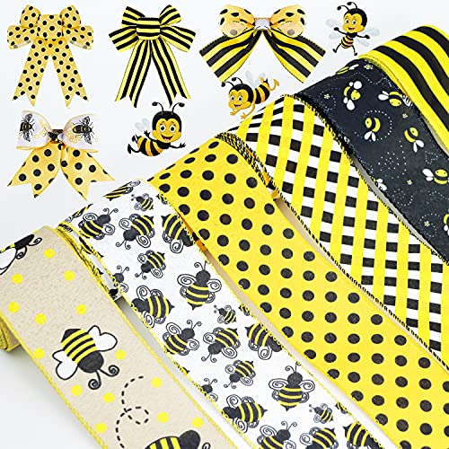 6 Rolls 40 Yards Honeybee Ribbon Wired Edge - Bee Themed Decorations for Crafts, Wrapping, Easter, Party & Baby Birthday Supplies