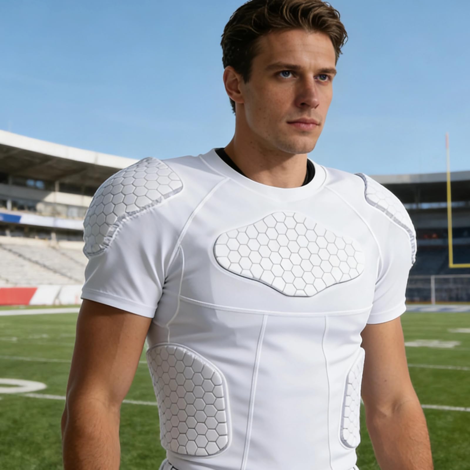 Camisa de compresión XXL blanca, acolchada para equipo de protección de fútbol y baloncesto, protectores de costillas, manga corta anticolisión
