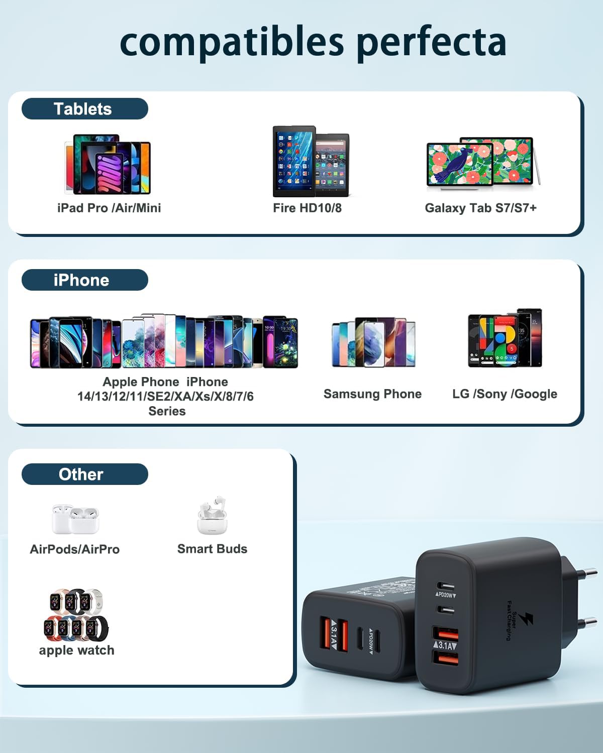 Caricatore USB 50W, Stazione Di Ricarica Multiuso, Spina Di Ricarica A 6 Porte Con QC 3.0, Spina A Parete Multipla, Compatibile Con IPhone 11/12/13/ 14/15/16/SE/XS/XR/iPad/Samsung Galaxy S21/S22/S23