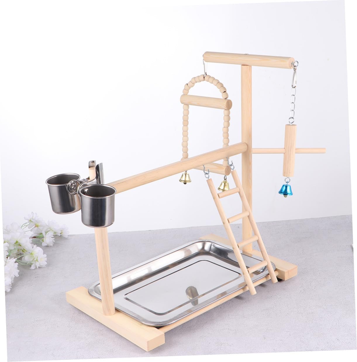 Wooden Parrot Stand with Hanging Swing Parrot Hanging Bird Playstand for Parakeets and Small Birds Cage Accessory Random Color