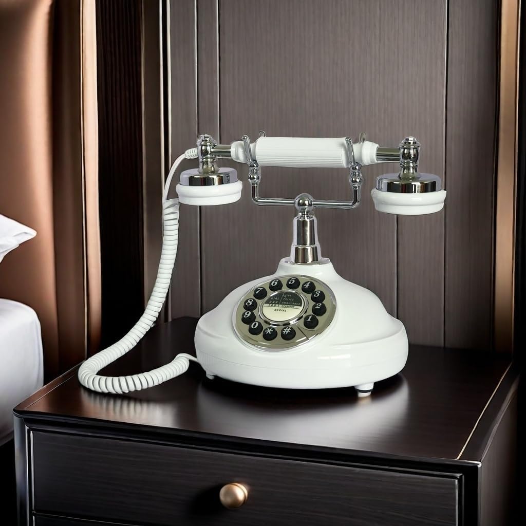 Retro Landline Phone, Corded White Classic Vintage Phone, Old Fashion Telephone Set for Home/Office/Hotel, Wired Antique Telephone Gift for Seniors (Push Button)
