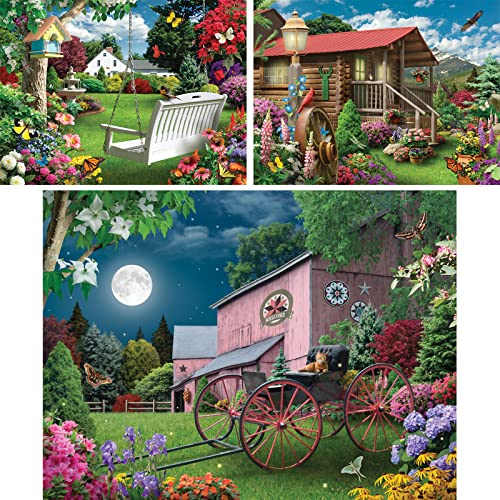 Bits and Pieces - Value Set of (3) 300 Piece Jigsaw Puzzles for Adults - Each Puzzle Measures 18" x 24" - 300 pc Blooming Back Yard, Nature Haven, Serene Summer Night Jigsaws by Artist Alan Giana