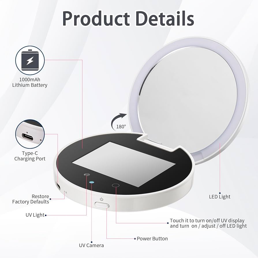 UV Mirror Sunscreen Testing Camera With Light 2X Magnifying Travel Makeup 35inch Pocket Size L