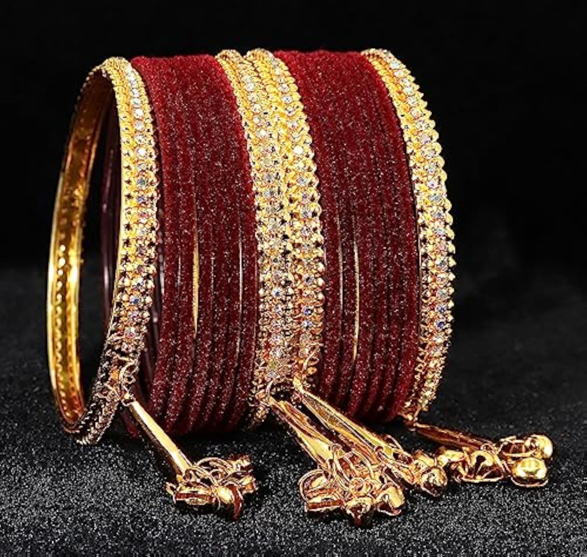 Gold Zircon Gemstone Velvet Bells Bangles Set 2.8 Inches