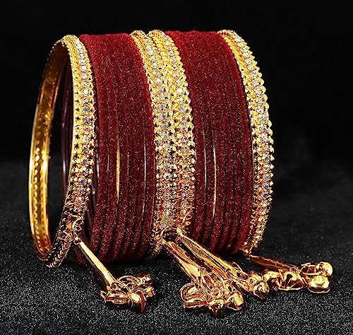 Image of NMII Metal with Zircon Gemstone and Velvet Studded Bells Latkan Bangles Set For Girls and Women I Latkan Bangles, Premium Bangle Bracelet Set I Pack of 16 Bangles