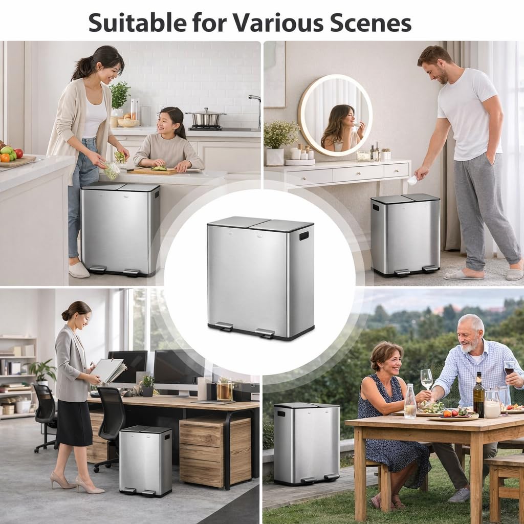 Kitchen Trash Can 16 Gallon (2 x 8 Gal) with Lid - Stainless Steel Dual Garbage Can, 2 Removable Buckets, Soft Close Step Pedal, Trash and Recycle Bin for Home Office