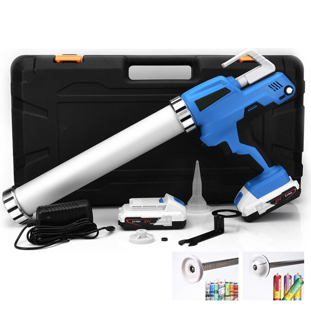2 x baterías de 21 V, pistola de cartuchos, pistola de calafateo de silicona, 6500 N | Para cartuchos de 300 ml, bolsa de tubo de 600 ml, 6 velocidades, incluye cargador, jeringa eléctrica de silicona con LED