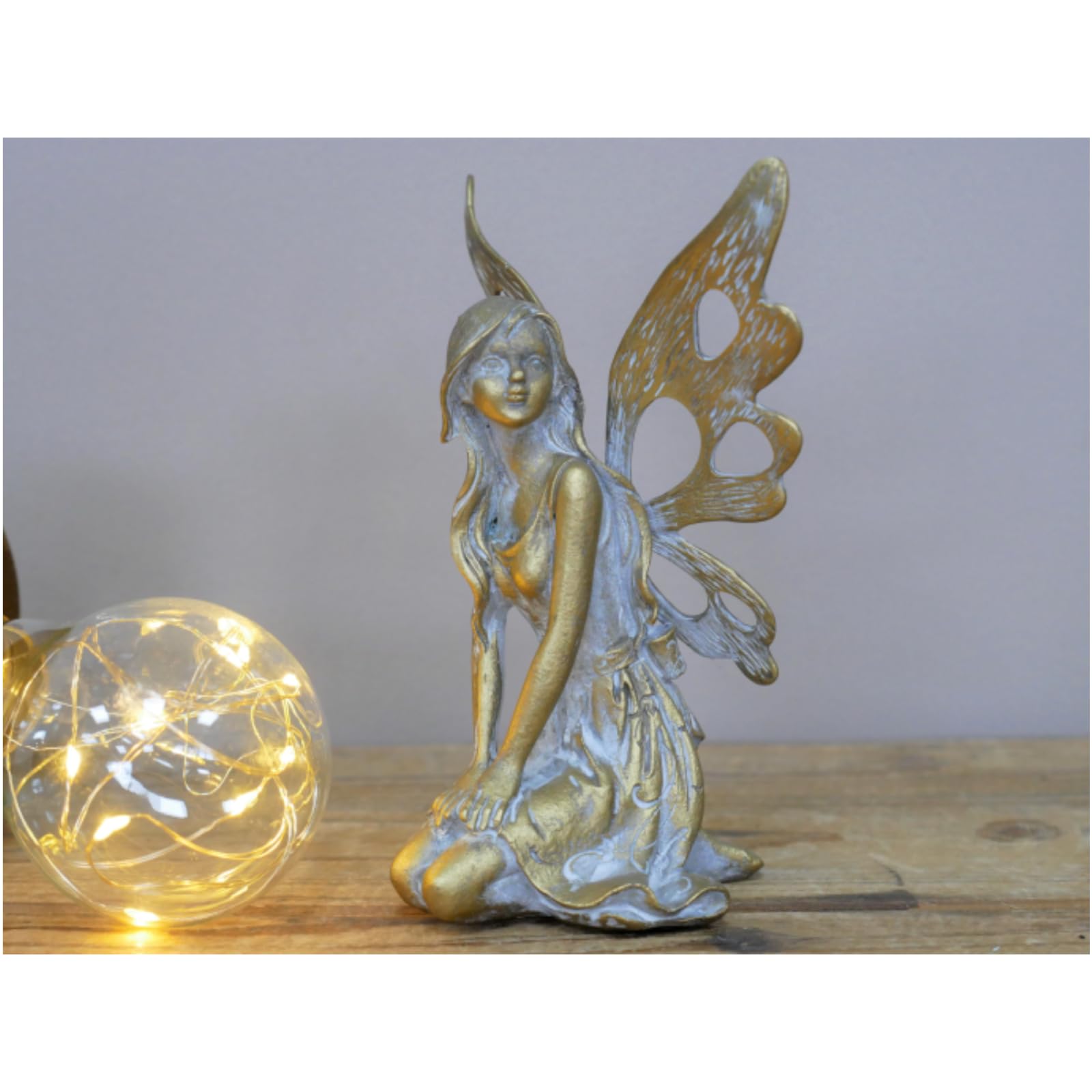 Fyne-Finds Gold Antique Resin Fairy With Metal Wings Sculpture Statue Sitting Garden Yard Home Decor Ornament