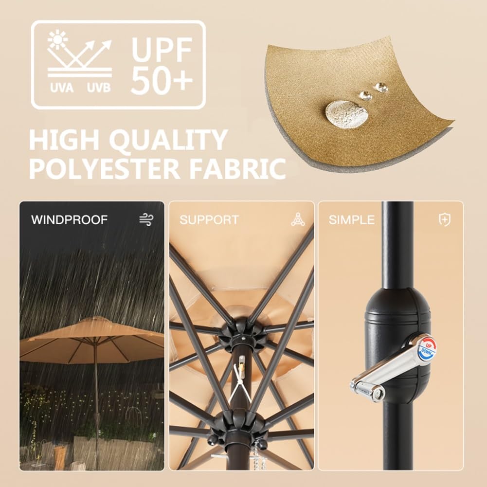 Duży Parasol Ogrodowy 9 Stóp, Stół Do Użytku Na Zewnątrz, Odporny Na Promieniowanie Uv, Okrągły Parasol Ogrodowy Z Korbą, 8 Solidnych Żeber Do Ogrodu, Basenu, Tarasu,Khaki-9ft/270cm