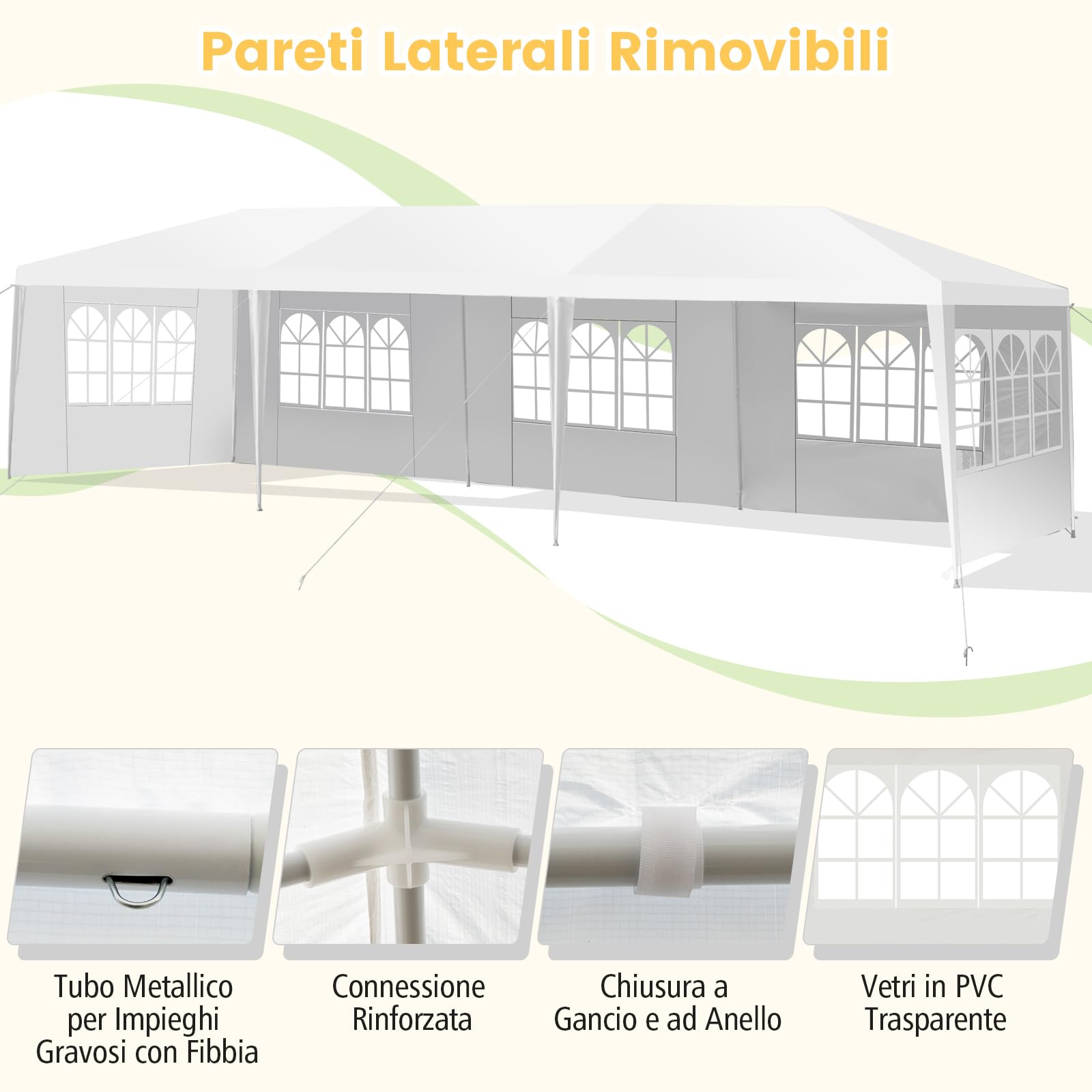 COSTWAY Gazebo da Giardino 3 x 9 m, Tendone per Feste con 5 Pannelli Laterali Rimovibili, Impermeabile Protezione UV, per Matrimonio Eventi e Barbecue
