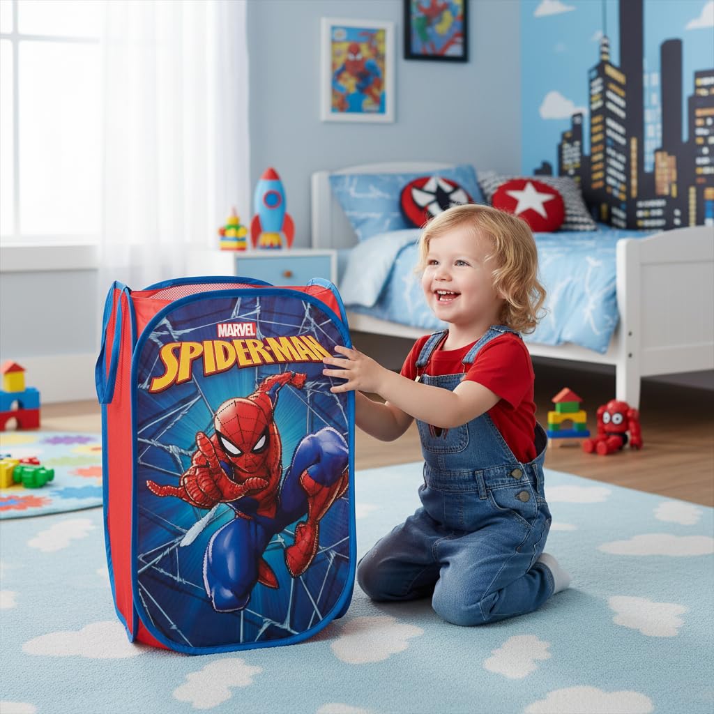SUPERDIVER - Składany Kosz na Zabawki i Ubrania Spiderman - Oficjalna Licencja Marvel - Idealny do Przechowywania - 36x36x58 cm - Łatwy w Użyciu i Przechowywaniu - Dla Dzieci