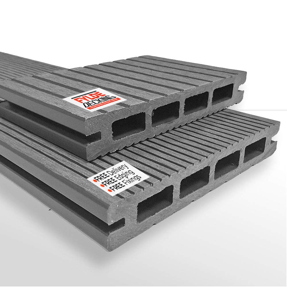 Fylde DeckingComposite Decking Boards | 3 Colours Available | FREE Clips & Screws | FREE Edging Trim | 2.9m Grooved (14 sqm | 32 boards, Stone Grey)