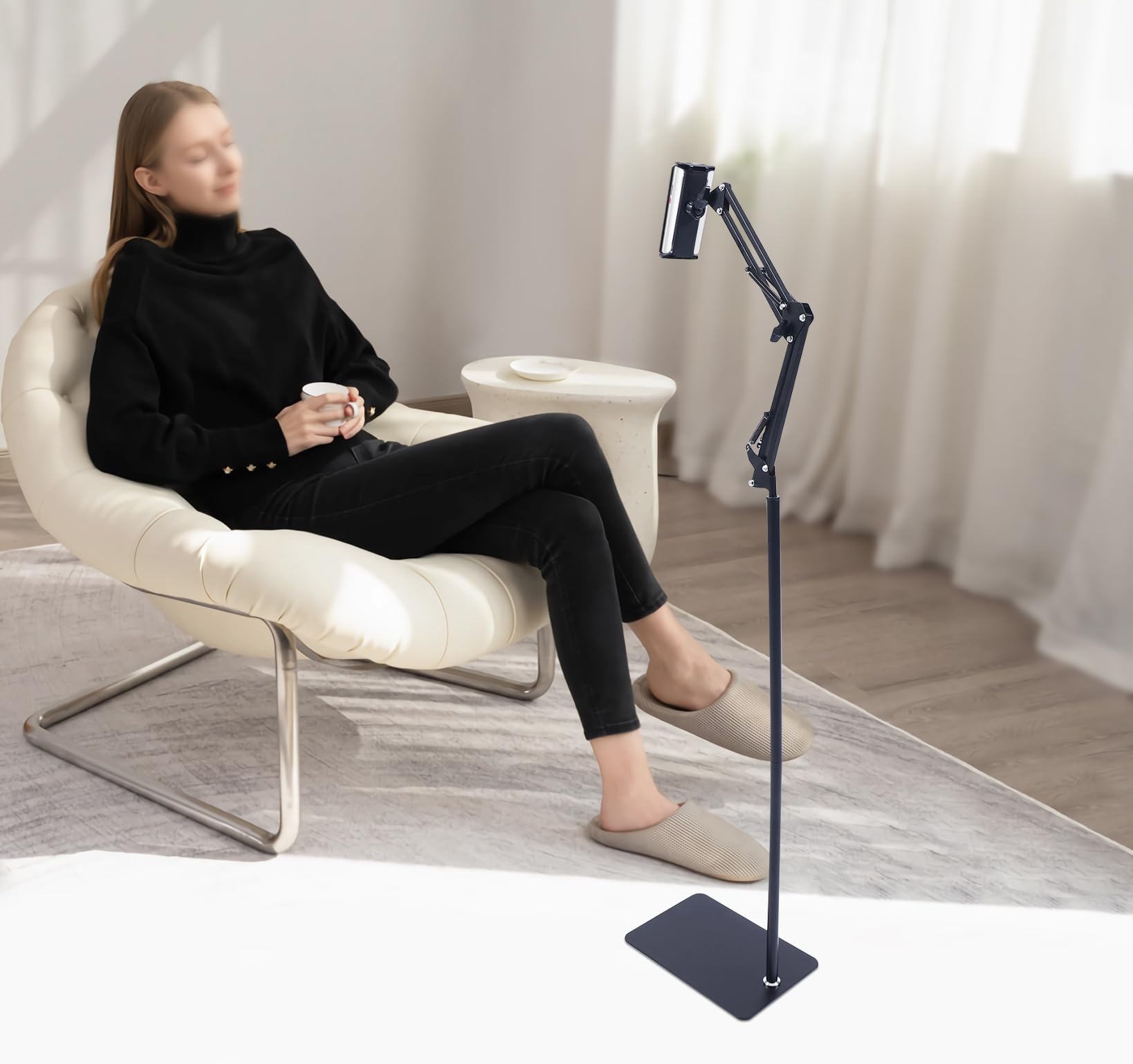 Soporte de suelo para tableta, soporte ajustable, con base resistente, universal, giratorio 360 grados, brazo de metal estable, soporte para teléfono móvil, para casa, cama, sofá, oficina
