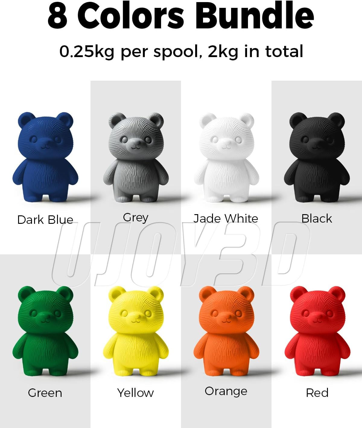 UJOY3D 8 Color Bundle Hyper PLA+ 3D Printer Filament, Multicolor PLA+ Filament 1.75mm, Individually Vacuum Packed, 0.25kg Spool, 8 Pack (Black+Jade White+Grey+Red+Dark Blue+Green+Orange Yellow+Yellow)