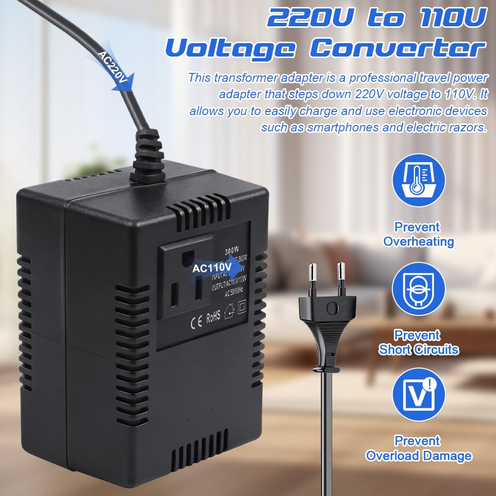 Spannungswandler Transformator 220v auf 110v, 300W Netzadapter Schritt Runter Stromkonverter, Voltage Converter 220v to 110v mit Stecker, Reisestromadapter Spannungswandler für Handys, Rasierer