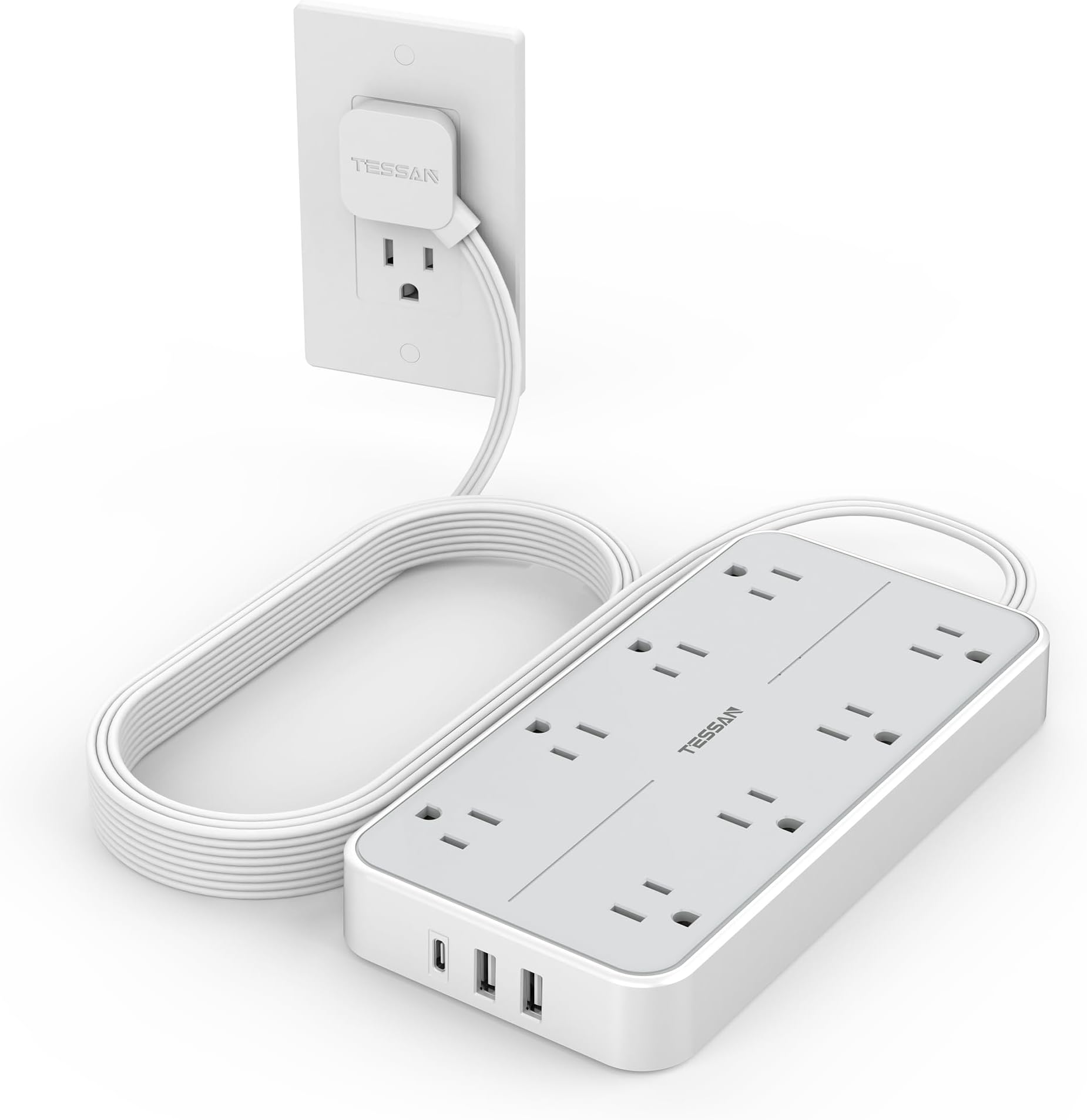 Sponsored Ad - Power Strip Surge Protector 10 FT, TESSAN Flat Plug Extension Cord with 8 Outlets 3 USB Ports(1 USB C), 1080Joules Wall Mountable Multi Port Charging Station for Home Office Dorm Room Essentials