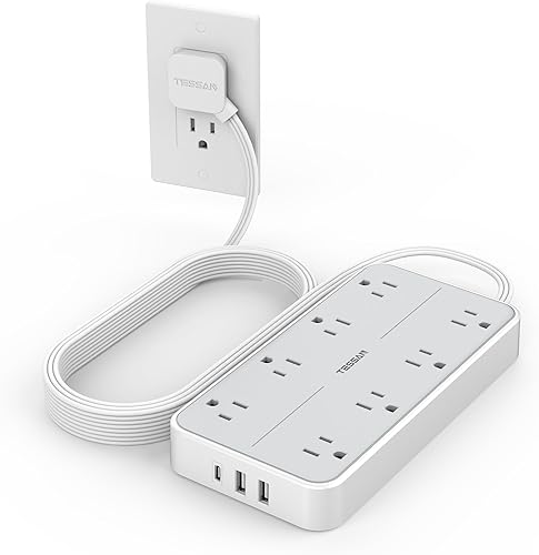 TESSAN - Protector de sobretensiones de 10 pies, cable de extensión de enchufe plano TESSAN con 8 tomas, 3 puertos USB (1 USB C), estación de carga