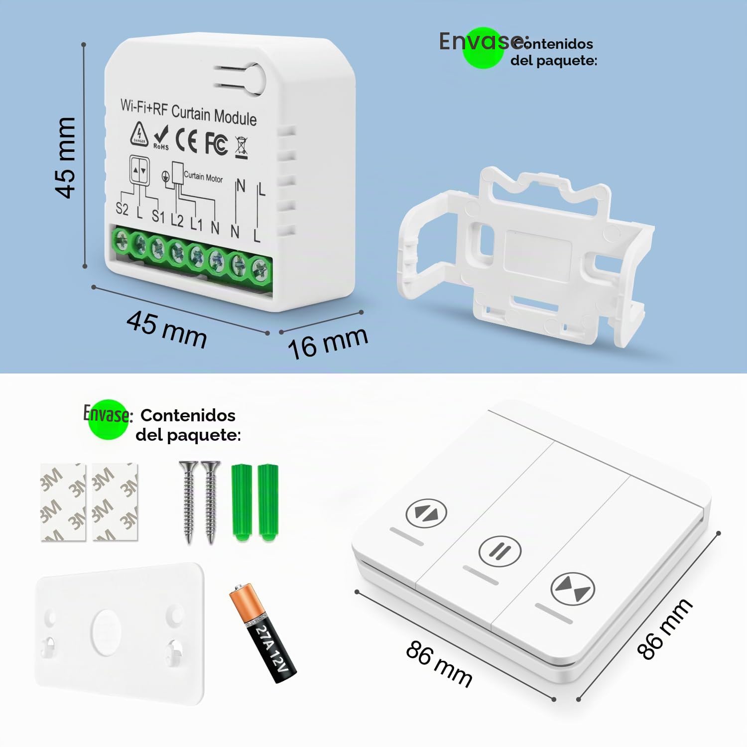 Interruptor Persianas WiFi RF433 Interruptor inalámbrico móvil, Relé de persianas temporizador inteligente para cortina eléctrica Compatible con Alexa Voice Google Home tuya APP Control, 500W