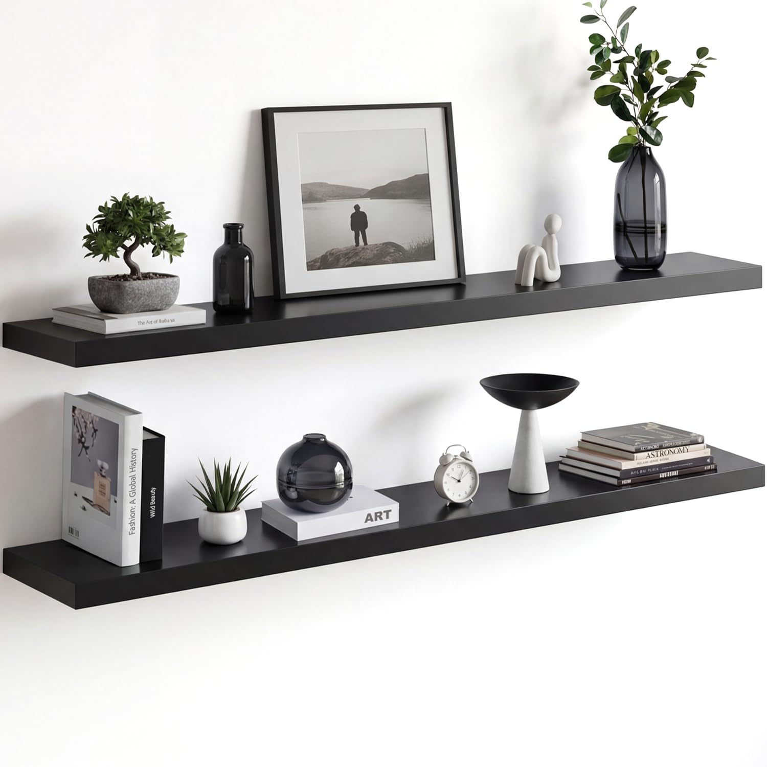 Homeforia Black Floating Shelf 48 inches, High End Solid Real Wood 48 inch Long Floating Shelves for Wall, Black Wooden 48inch Large Floating Shelves,