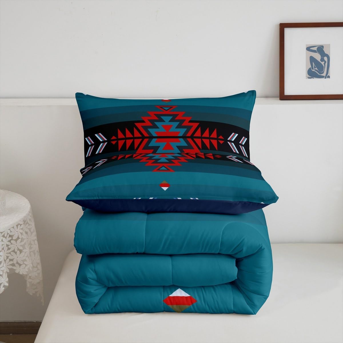 Feelyou Southwest Native Bedding Set for Kids Boys Girls Southwestern Geometric Comforter Set Full Size Tribal Duvet Quilt Bedroom Decor Breathable Soft Lightweight Microfiber Blue Red 3Pcs
