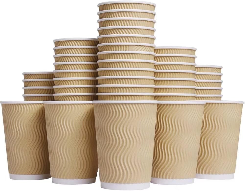 Hot Paper Cups 16 oz Disposable Insulated Corrugated Sleeve Ripple Wall Paper Cup 100 pcs,16oz Cups for Drink，Hot Coffee Cups (Brown)