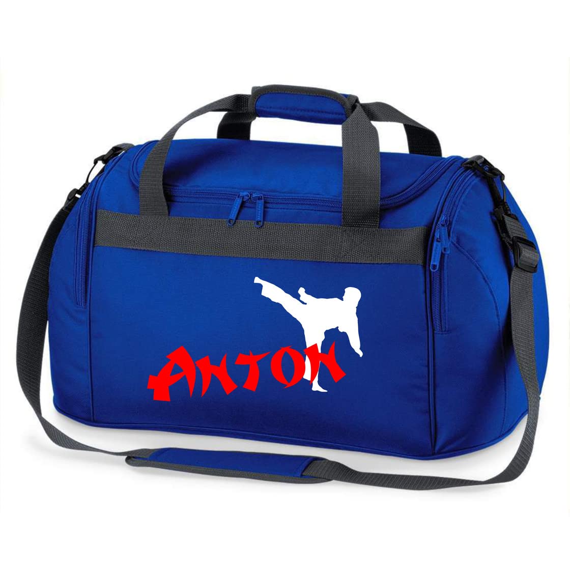 Sporttasche Karate mit Namen für Jungen | Personalisierte Kinder-Reisetasche Kampfsport Judo | Groß für Sport-Verein (Royalblau)