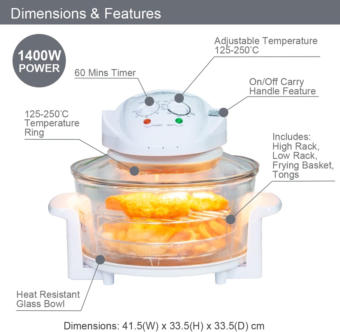 Frytkownica halogenowa 1300 W, 12 l, pokrętła do regulacji czasu i temperatury, piekarnik wielofunkcyjny do kuchni i jadalni. Frytkownica halogenowa 1300 W, pojemność 12 l.