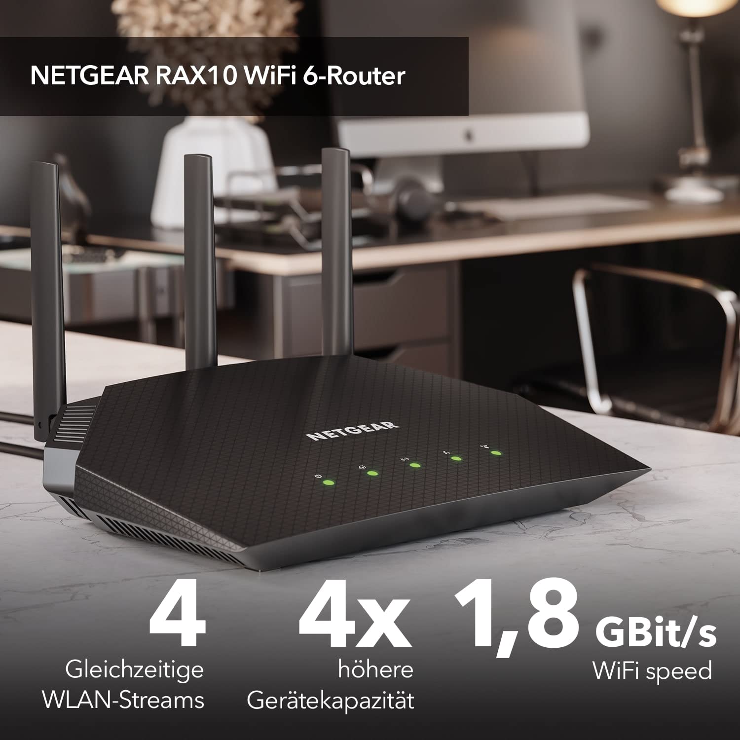 NETGEAR RAX10 WiFi 6 Router AX1800 (4 Streams mit bis zu 1,8 GBit/s, Nighthawk WLAN Router Abdeckung bis zu 100 m², kompatibel mit iPhone 12/13 oder Samsung S20/S21)