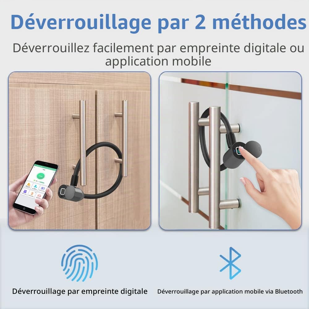 eLinkSmart Cadenas de vélo para empreintes digitales et applications téléphoniques - 40 mm - Étanche - Câble en acier sans clé - Verrou de voyage